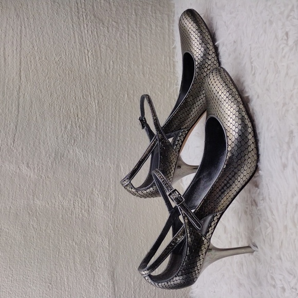 Via Spiga Gray Metallic Snake Embossed Leather Pointed-Toe Skinny Heel Shoe - Picture 5 of 16